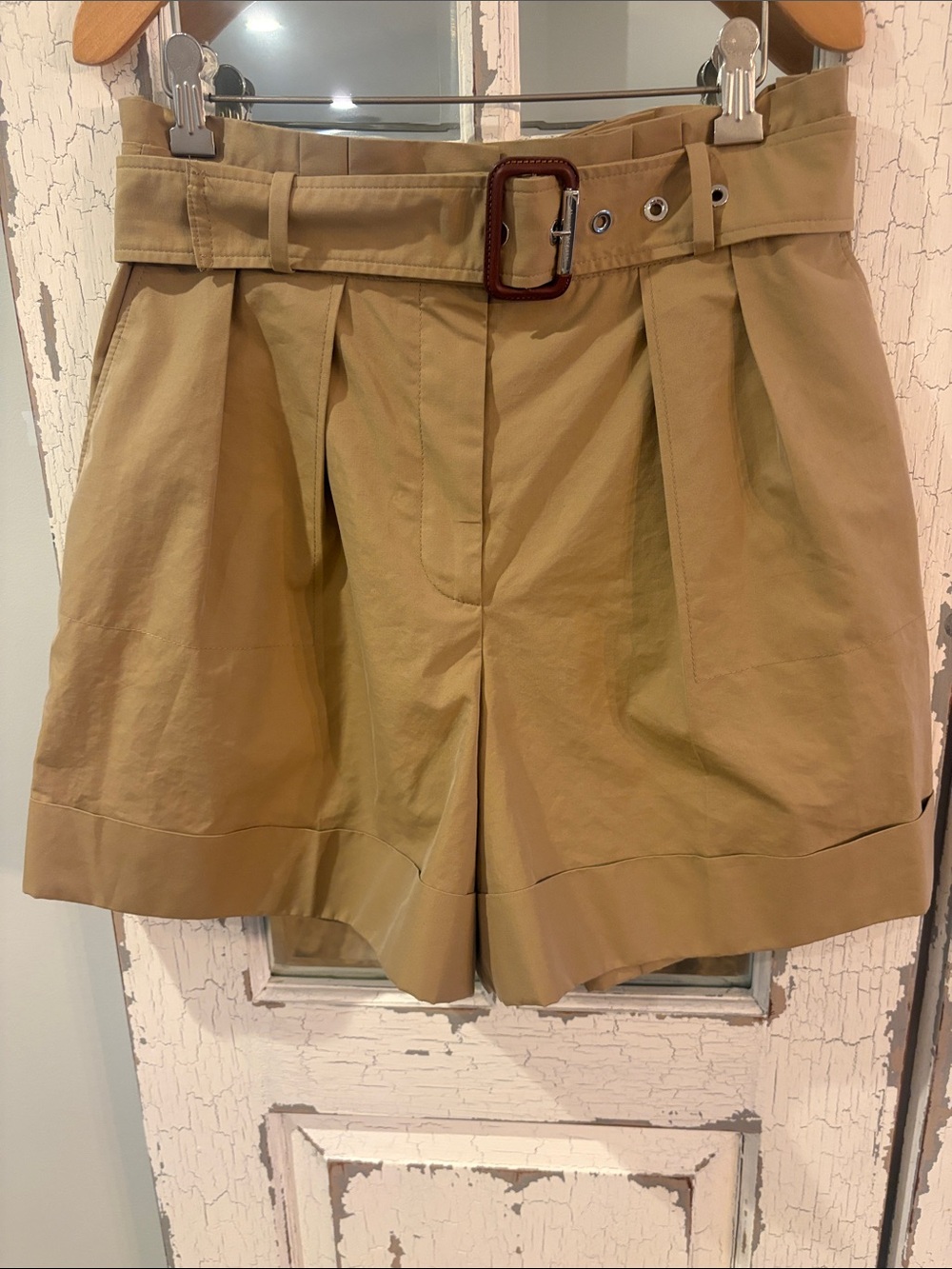 Alexander McQueen High-Waist Pleated Shorts with Belt - Khaki